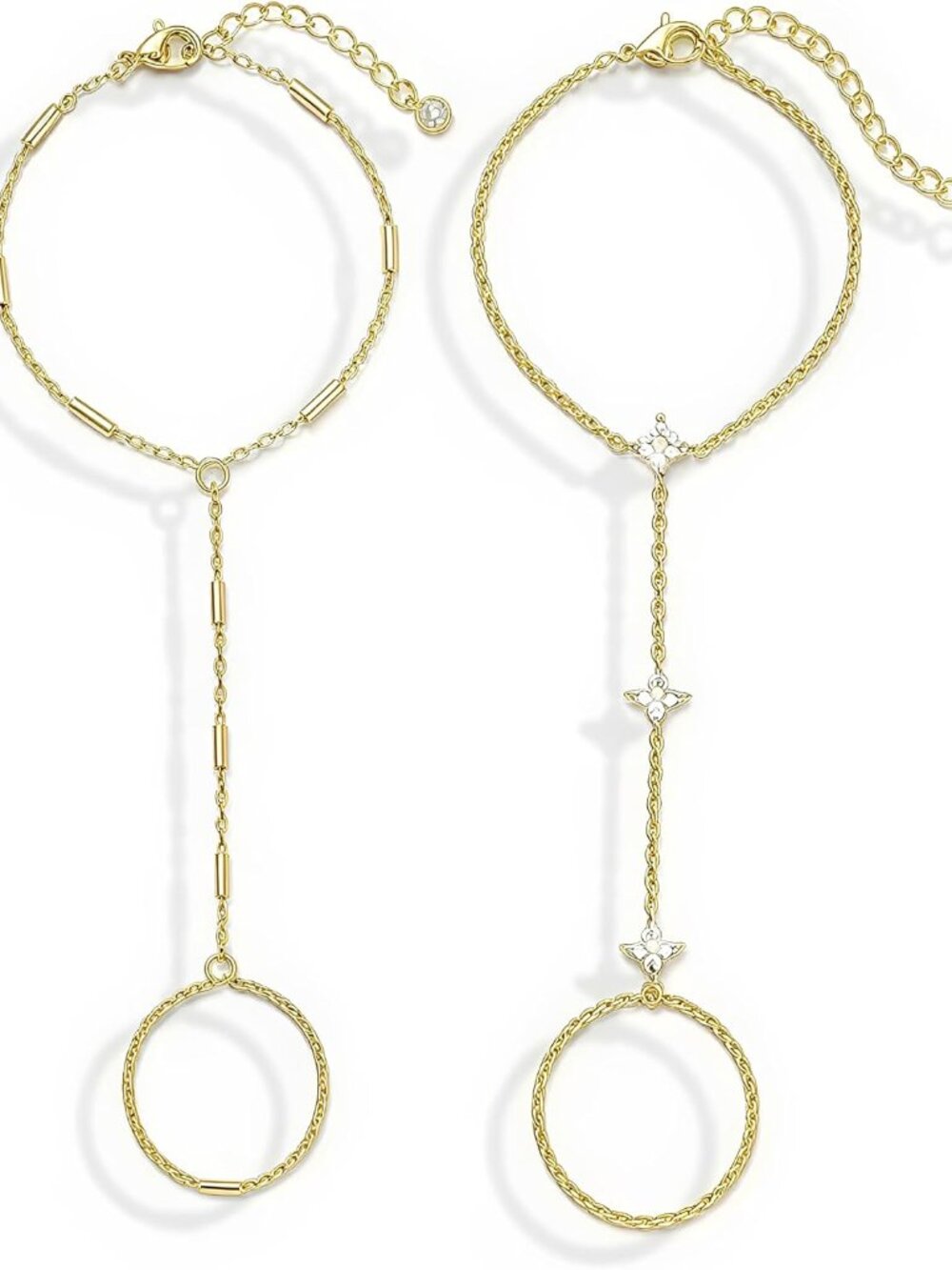 Gold Hand Chain Bracelets for Women, 2 Pcs 14k Gold Plated Cubic Zirconia Link C